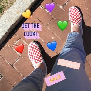 red checkerboard slide on Vans